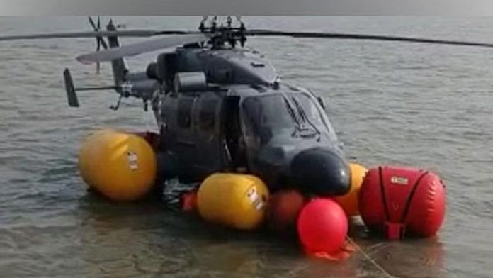 Dhruv advanced light helicopter (ALH) of Indian Navy after emergency landing in the Arabian Sea | ANI