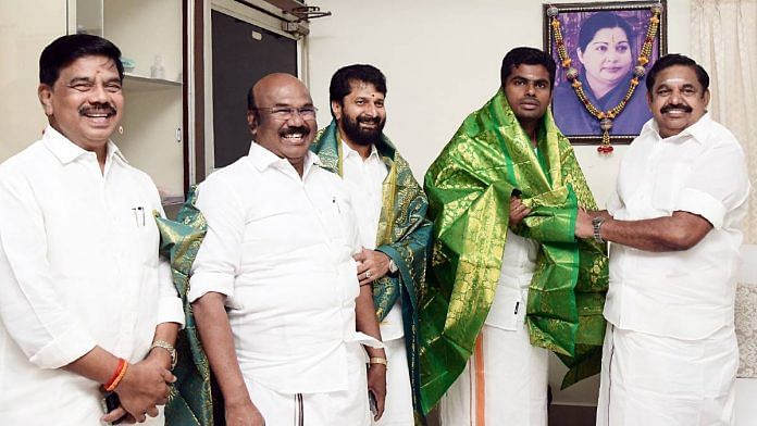 File photo of AIADMK leader and former Tamil Nadu CM Edappadi K. Palaniswami with Tamil Nadu BJP chief K. Annamalai | ANI