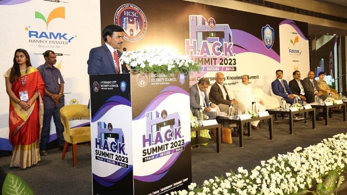 Hyderabad city police commissioner C.V. Anand addressing the Hyderabad Annual Cyber Security Knowledge Summit on 12 April | Photo: Rishika Sadam | ThePrint