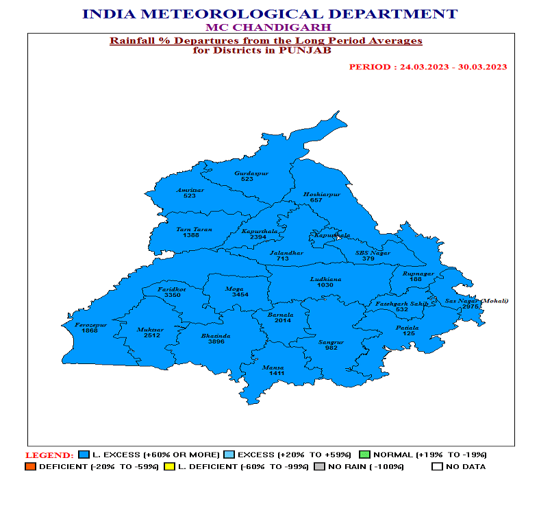 IMD map showing seasonal rainfall in Punjab from 1 March to 6 April | Source: India Meteorological Department