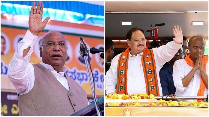 Congress president Mallikarjun Kharge and BJP president J.P. Nadda campaigning in Karnataka | ANI
