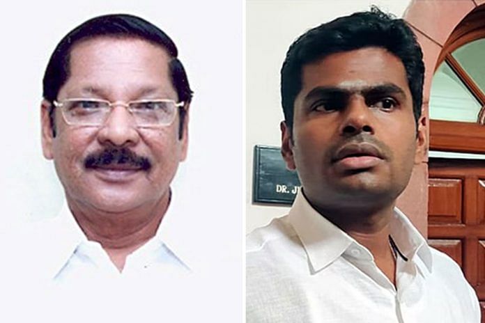 DMK organisational secretary R.S. Bharathi (L) and BJP Tamil Nadu chief K. Annamalai | Twitter/ANI