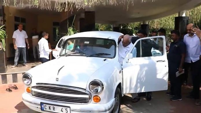 Former Karnataka CM B.S. Yediyurappa arrived in his white Ambassador car for his son B.Y. Vijayendra's filing of nominations for assembly polls | By special arrangement