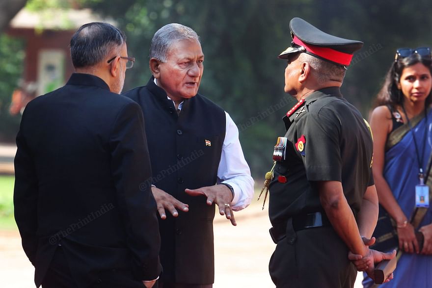Cabinet Secretary Rajiv Gauba (left), MoS V.K. Singh and chief of army staff Manoj Pande at Rashtrapati Bhavan | Photo: Praveen Jain | ThePrint