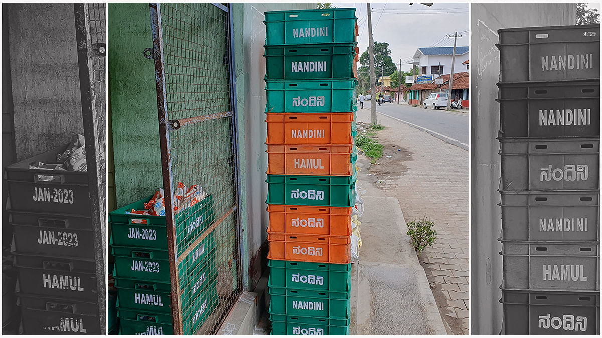 Crates stacked up at a Nandini milk booth at Kalleri in Belur taluka of Hassan district | Sharan Poovanna | ThePrint