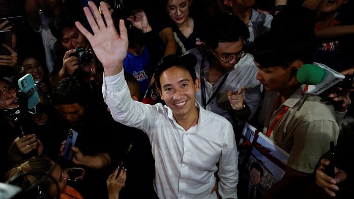 Move Forward Party leader and prime ministerial candidate, Pita Limjaroenrat, waves to the crowd during the general election in Bangkok, Thailand, on 14 May, 2023 | Reuters