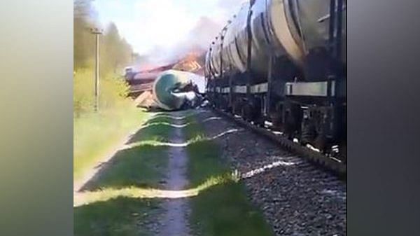 Russian freight train derails | Photo Credit - Twitter/Novaya Gazeta Europe