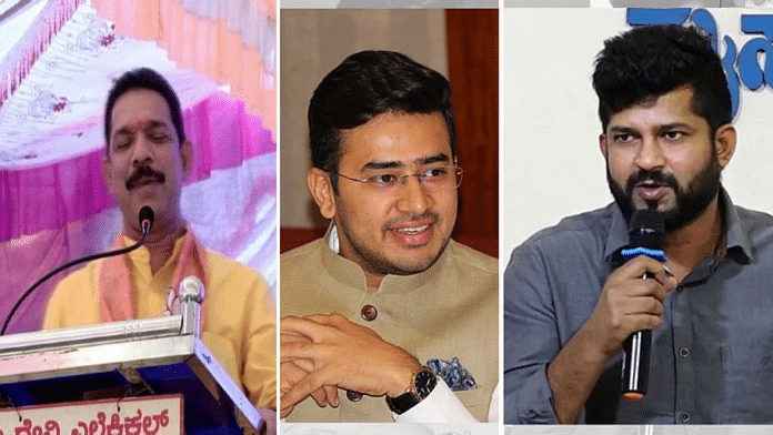 (From L-R) BJP leaders Nalin Kateel, Tejasvi Surya and Pratap Simha | ANI/Wikipedia/Twitter