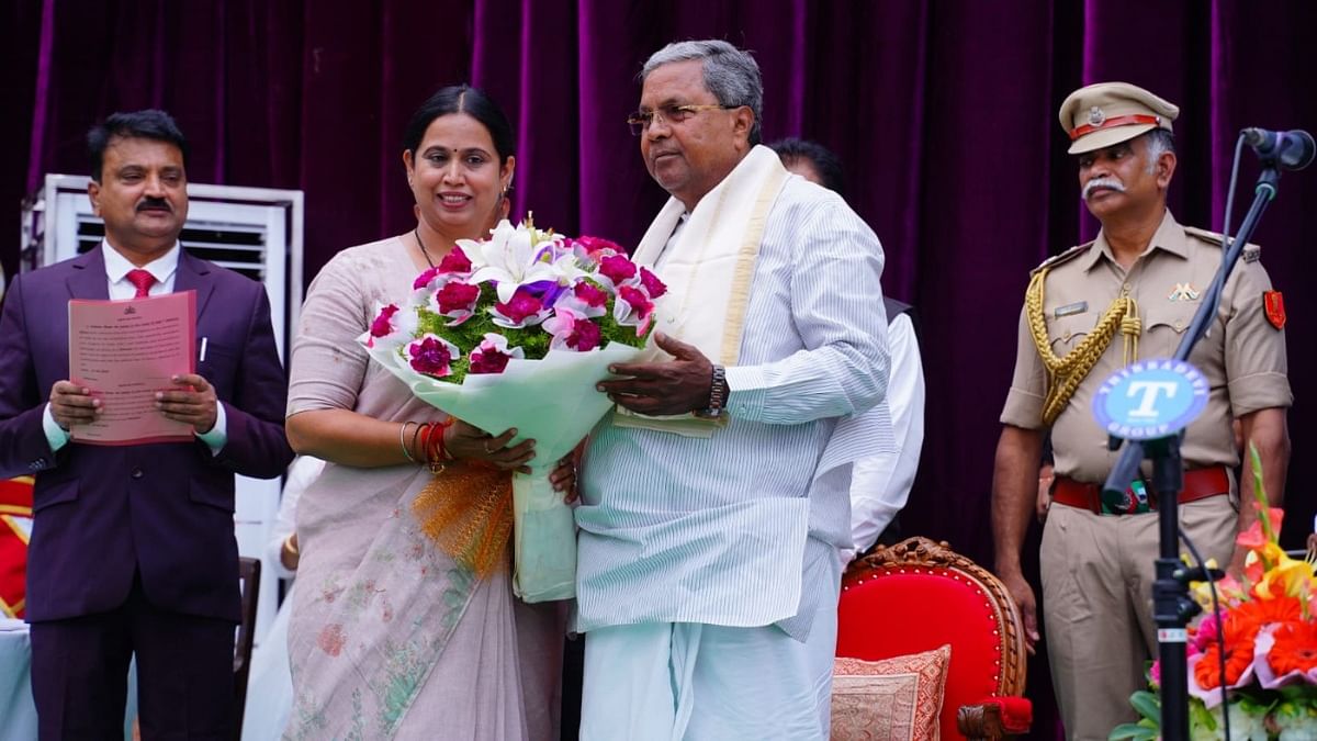 Congress MLA Lakshmi Hebbalkar, the only woman minister in the Karnataka Cabinet, with CM Siddaramaiah, Saturday | By special arrangement