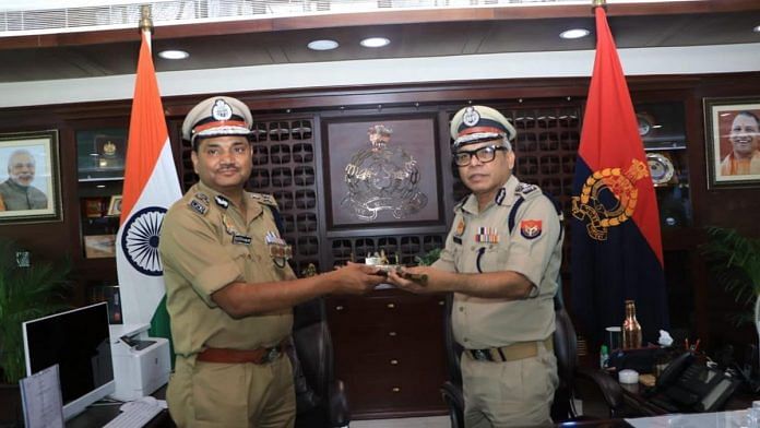 Ceremonial exchange of the baton between outgoing acting UP DGP R.K. Vishwakarma and his successor Vijay Kumar at the police headquarters in Lucknow | By special arrangement