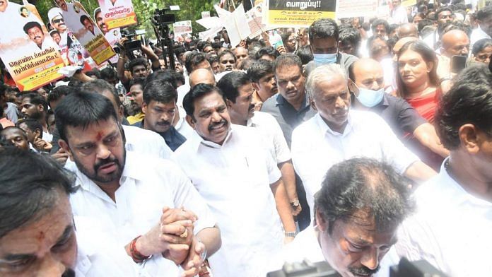 The 'approachable' Edappadi K. Palaniswami (centre, smiling) rubs shoulders with party cadres at a rally in Chennai on 22 May | Twitter/@AIADMKITWINGOFL