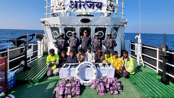 File photo of the Indian Coast Guard’s seizure of arms and ammunition and narcotics worth Rs 300 crore from a Pakistani boat in Indian waters. | Representational image | ANI