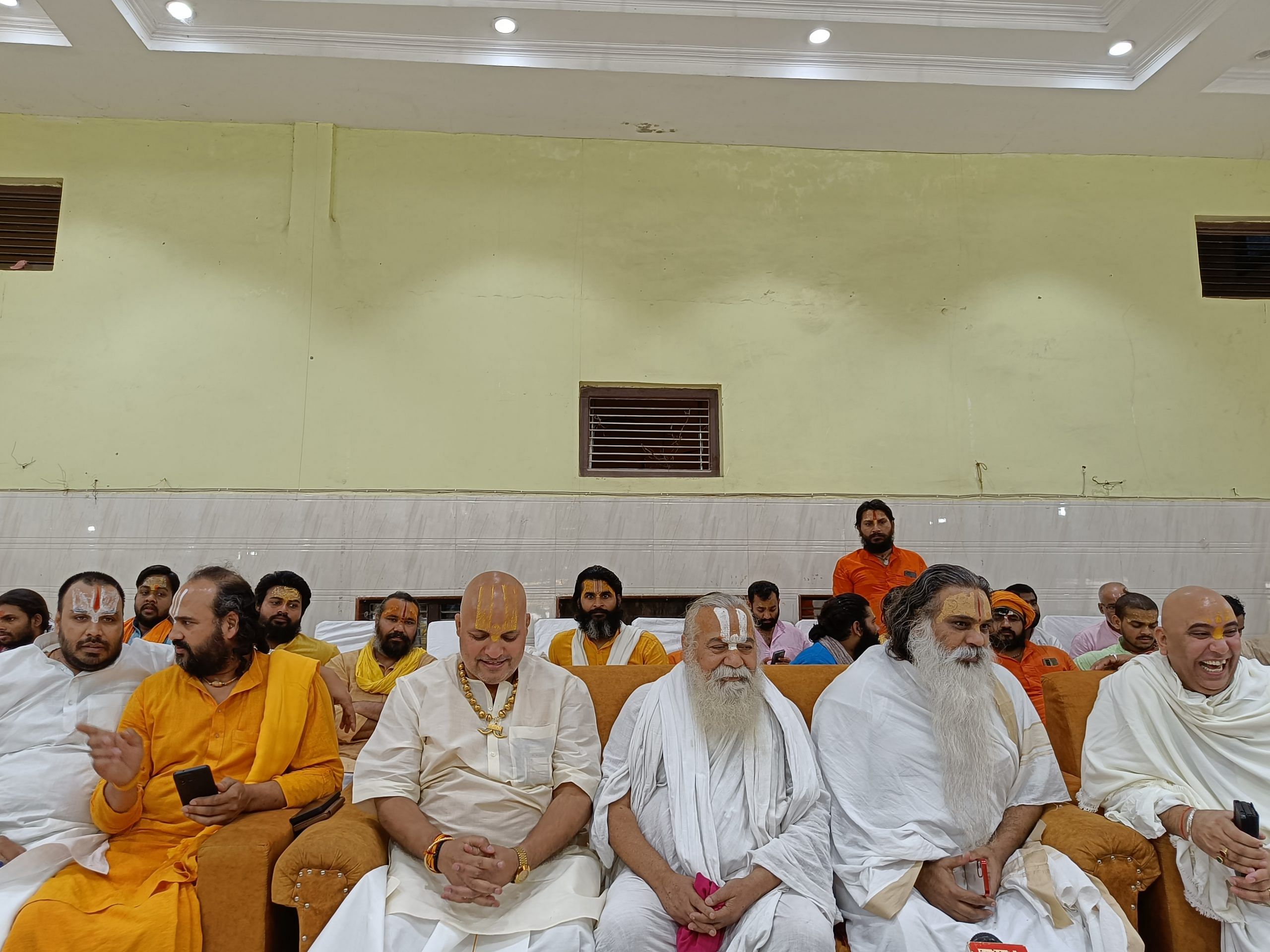 Over 50 sadhus from Ayodhya gathered at Vaidehi Bhawan Monday to discuss the agenda for the Jan Chetna Rally | Photo: Krishan Murari | ThePrint