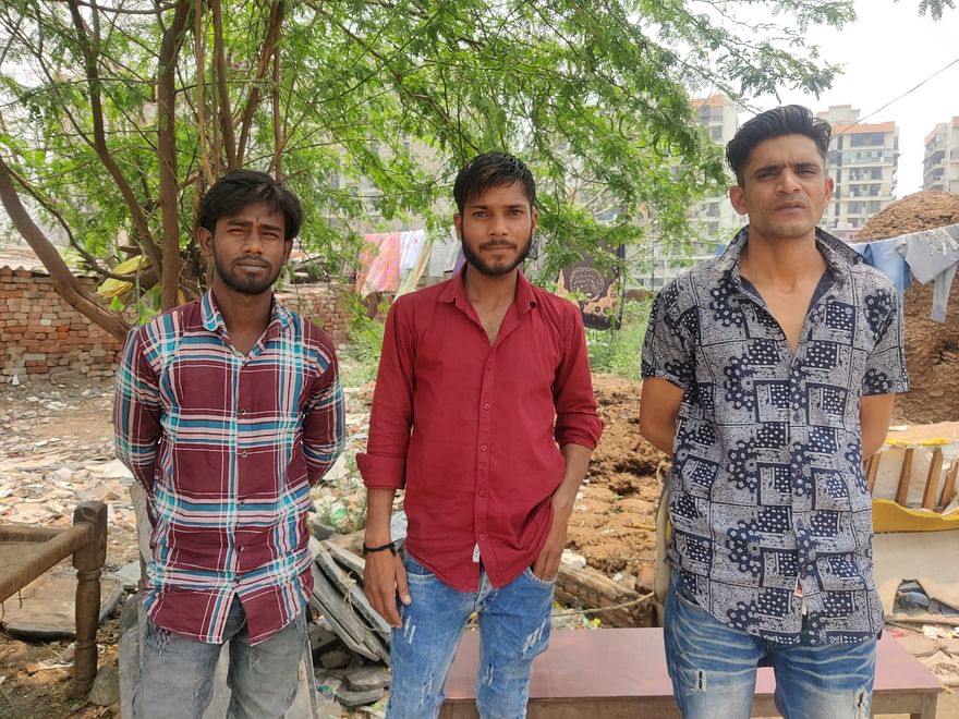 Gopal (left), Robin Kumar (centre) and Neeraj Kumar (right) are Gen Zs who work with Blinkit and yearn for dignity and respect on their job | Photo credit: Shubhangi Misra, ThePrint