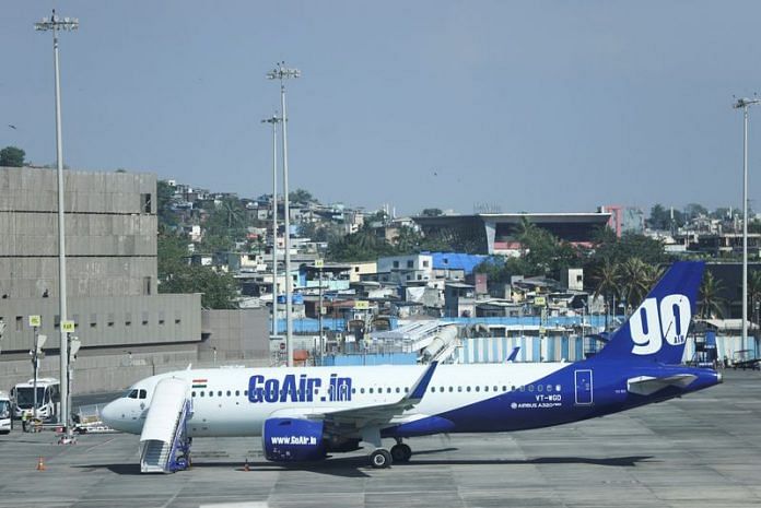A Go First airline, formerly known as GoAir, passenger aircraft is parked at the Chhatrapati Shivaji International Airport in Mumbai on 3 May 2023