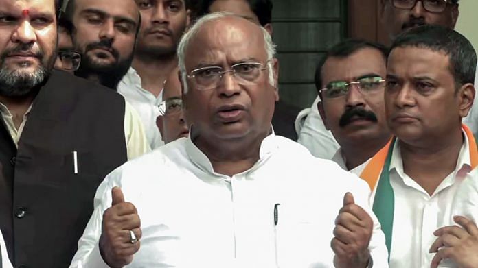 Congress President Mallikarjun Kharge addresses the media on the party's win in Karnataka assembly elections in Bengaluru, on 13 May 2023 | ANI photo
