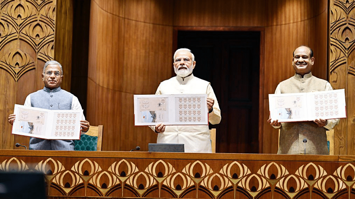 PM Modi with Lok Sabha Speaker Om Birla & Rajya Sabha Dy Chairman Harivansh Narayan Singh, Sunday | ANI