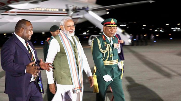 PM Narendra Modi is greeted by Papua New Guinea's Prime Minister James Marape at Jackson International Airport | Papua New Guinea government/Handout via Reuters