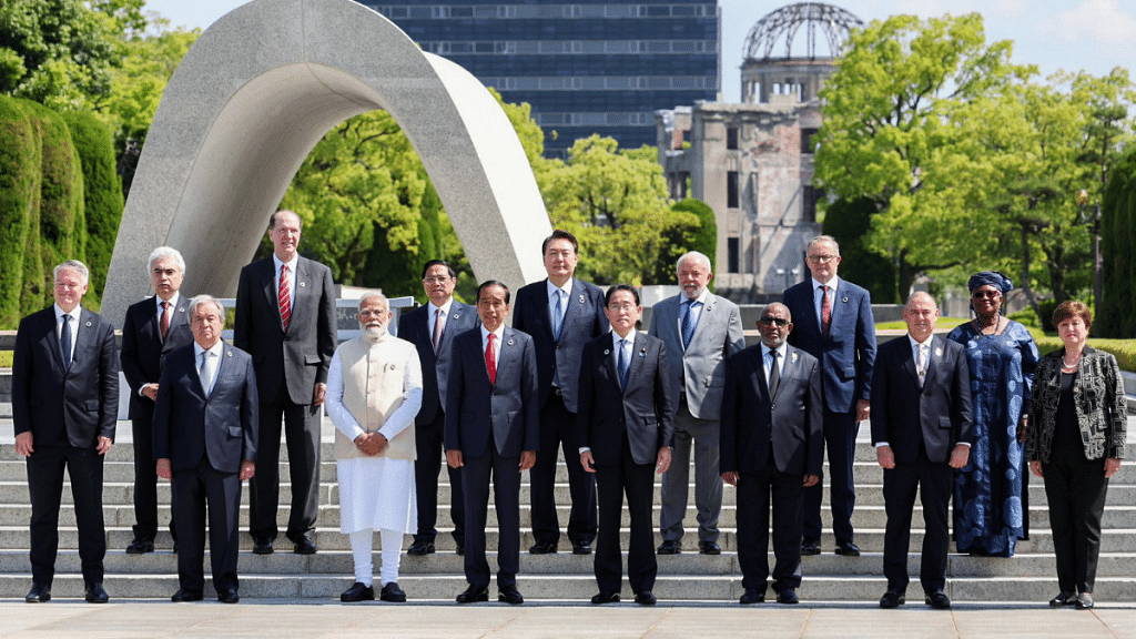 Prime Minister Narendra Modi with other G7 world leaders at the Peace Memorial Park in Hiroshima, Japan, on Sunday| ANI