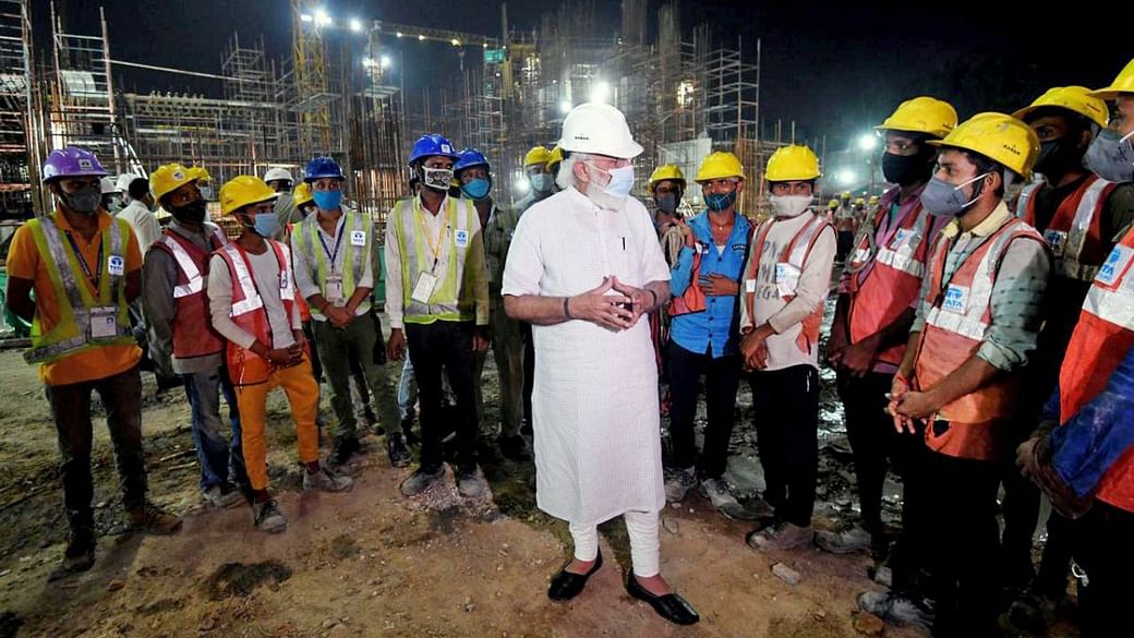 Prime Minister Narendra Modi interacting with workers at the new Parliament building construction site in 2021 | Photo: ANI