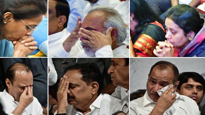 NCP leaders — including Supriya Sule and Ajit Pawar — get emotional as Sharad Pawar (unseen) announces his decision to step down as party president, in Mumbai Tuesday | ANI