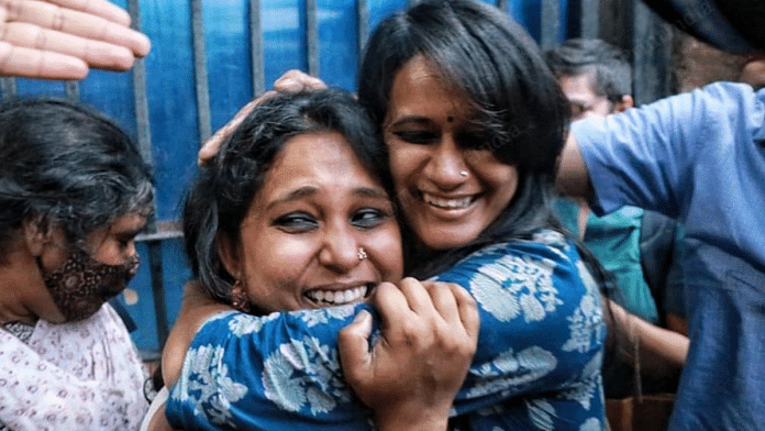 File photo of Devangana Kalita and Natasha Narwal after walking out of Tihar Jail on 17 June 2021 | Manisha Mondal | ThePrint