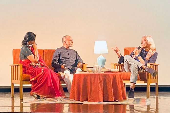 Writer-director Sudhir Mishra (right) in conversation with author-curator Sujata Prasad and theatre artiste Oroon Das during the discussion titled ‘Hazaaron Khwahishen Aisi’ at the India International Centre, New Delhi, on 13 May | Photo: Riya Mukherjee | By special arrangement