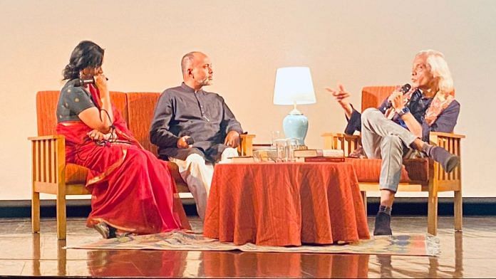 Writer-director Sudhir Mishra (right) in conversation with author-curator Sujata Prasad and theatre artiste Oroon Das during the discussion titled ‘Hazaaron Khwahishen Aisi’ at the India International Centre, New Delhi, on 13 May | Photo: Riya Mukherjee | By special arrangement