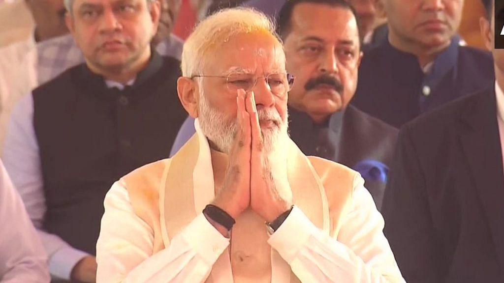 PM Modi along with Lok Sabha Speaker Om Birla and Cabinet ministers attends a 'Sarv-dharma' prayer ceremony being held at the new Parliament building | ANI