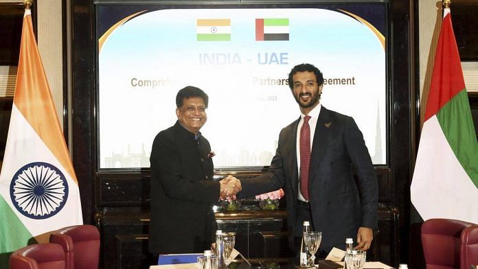 Commerce Minister Piyush Goyal with UAE Economy Minister Abdulla bin Touq Al-Marri at a meeting on CEPA in Delhi in February 2022 | PTI
