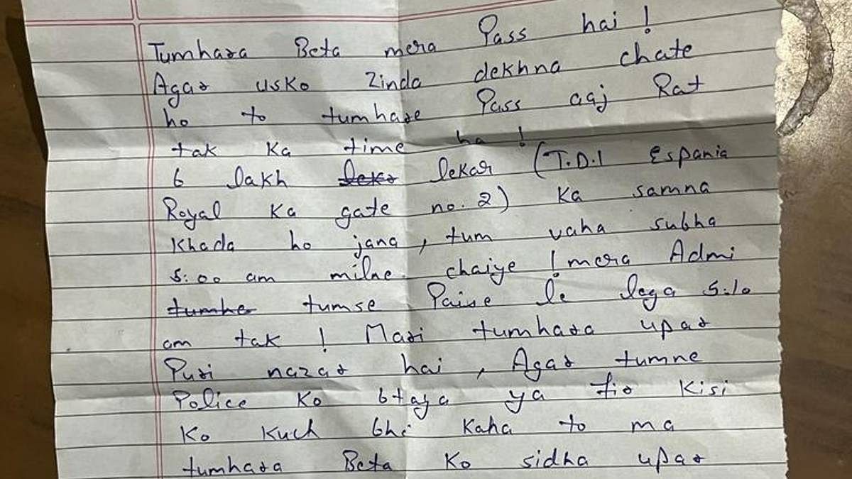 The ranson note sent to Arjit's family | Photo: By special arrangement