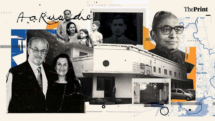 Clockwise from top: Anis Rushdie, Bhiku Jain, Salman and Sameen Rushdie, a young Salman Rushdie with parents Negin and Anis | Illustration by Soham Sen | ThePrint