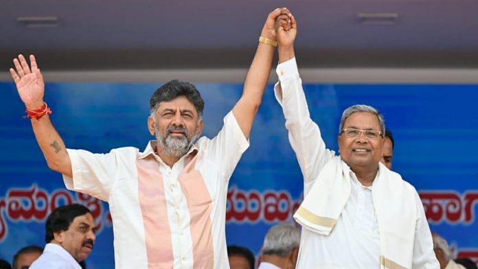 Congress leaders Siddaramaiah and D.K. Shivakumar at their swearing-in ceremony in Karnataka Saturday | Special arrangement