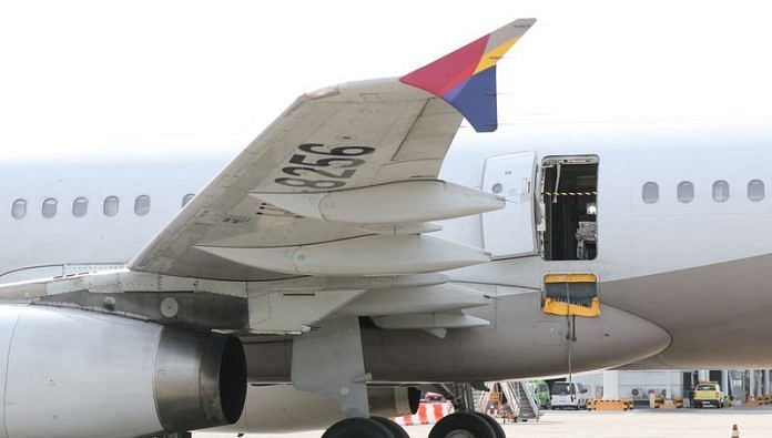The Asiana Airlines' plane, of which a passenger opened a door on a flight shortly before the aircraft landed, is pictured at an airport in Daegu, South Korea on 26 May 2023 | Photo: Reuters