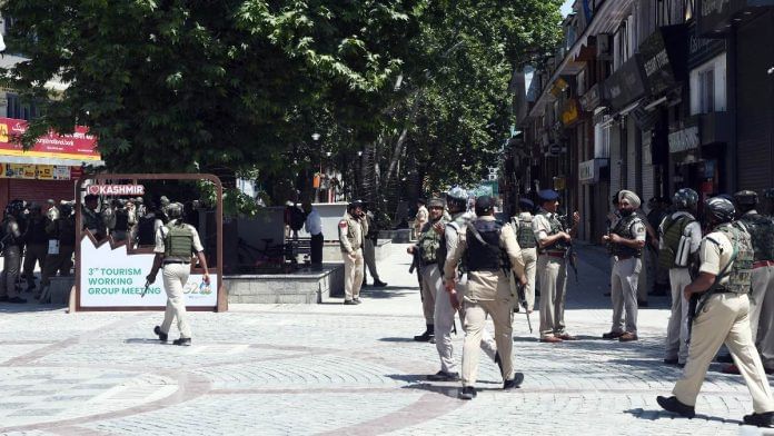 Police personnel patrol the Polo View Market on the eve of G20 summit, in Srinagar, on 21 May 2023 | ANI photo