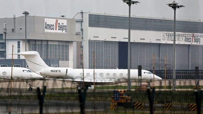 Tesla Inc Chief Executive Officer Elon Musk's private jet is seen at Beijing Capital International Airport in Beijing on 30 May, 2023 | Reuters