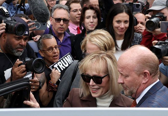 E. Jean Carroll departs from the Manhattan Federal Court following the verdict in the civil rape accusation case against former US President Donald Trump, in New York City, on 9 May 2023 | Reuters