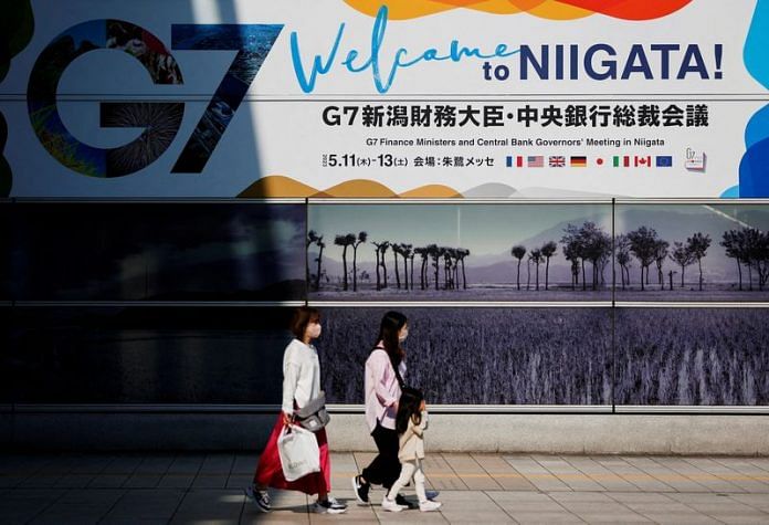 The logo of the G7 Finance Ministers and Central Bank Governors' meeting is displayed at Niigata station, ahead of the meeting, in Niigata, Japan | Reuters