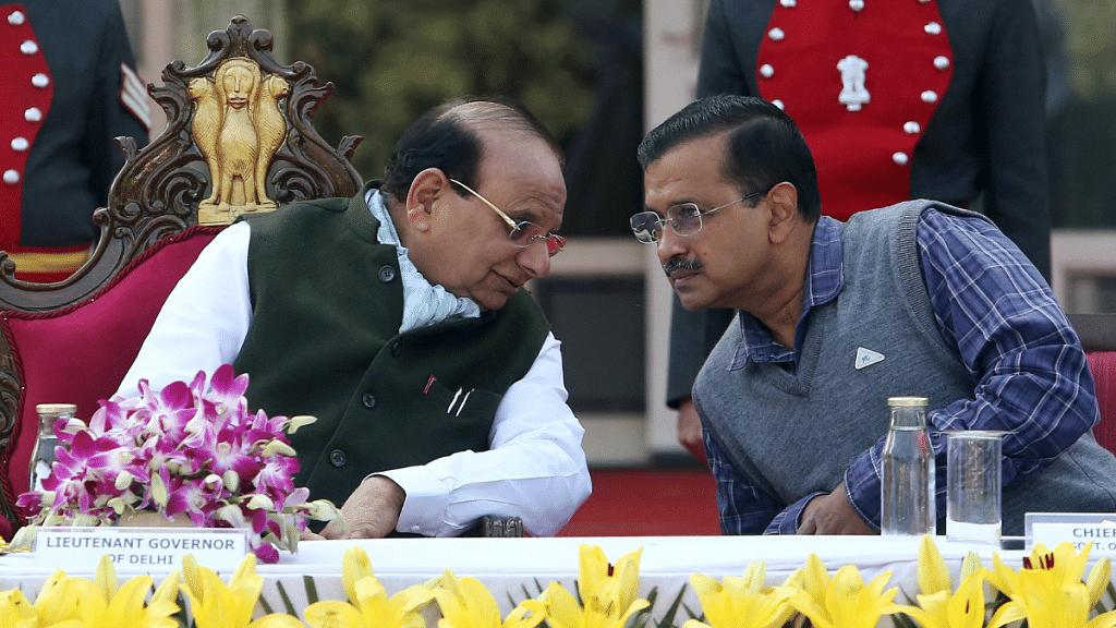 File photo of Delhi L-G Vinai Kumar Saxena with CM Arvind Kejriwal | ANI