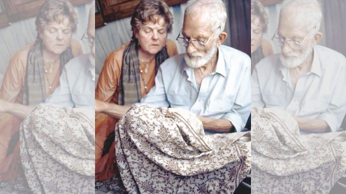 Jenny Housego with Habibullah Phalguru. She was greatly inspired by the renowned Kashmiri Sozni embroiderer. | Facebook | Kashmir Loom