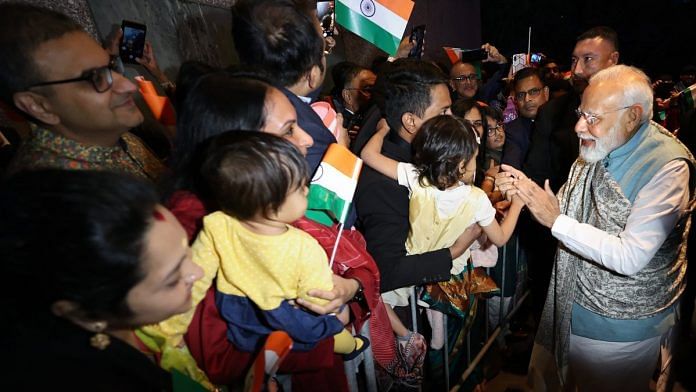 Prime Minister Narendra Modi receives a warm welcome by the Indian community on his arrival in Sydney Monday | Image @narendramodi via PTI photo