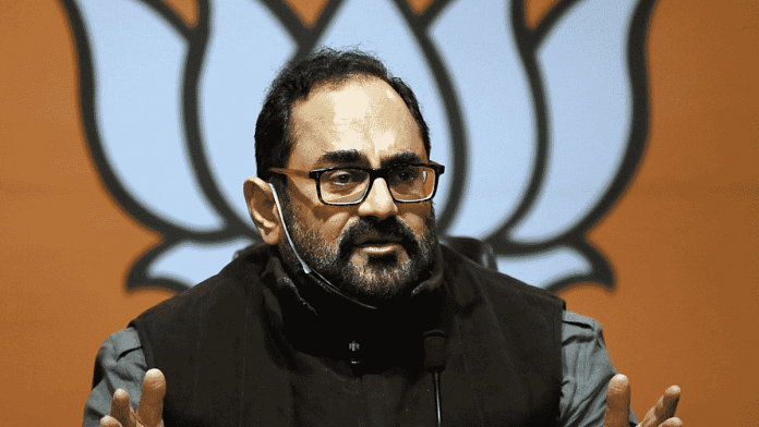 File photo of Union Information and Technology Minister Rajeev Chandrasekhar addressing a press conference at the BJP headquarters in New Delhi | ANI