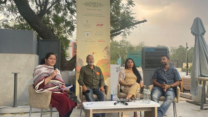 Shreya Bhatt moderating the panel consisting of Chetan Agarwal, Neha Sinha, and Rohan Chakravarty (left to right) | Gaurvi Narang | ThePrint