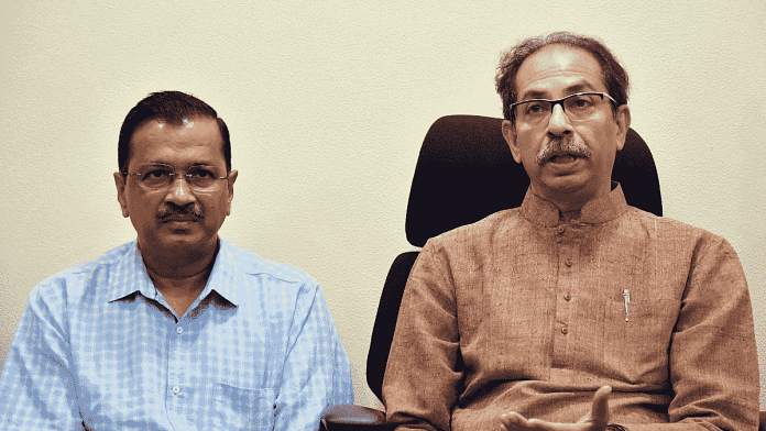 Shiv Sena (Uddhav Balasaheb Thackeray) chief Uddhav Thackeray and Delhi Chief Minister and AAP national convener Arvind Kejriwal address a press conference at Matoshree, Bandra, Mumbai | ANI