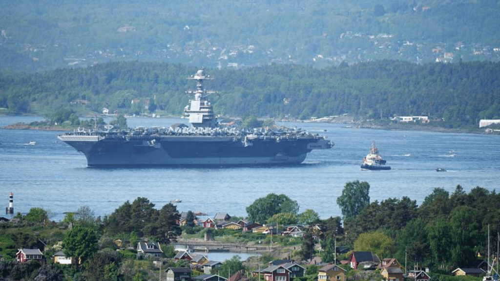 A view of the U.S. aircraft carrier USS Gerald R. Ford in the Oslo Fjord, seen from Ekebergskrenten, Norway, on 24 May, 2023 | Reuters
