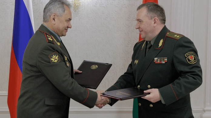 Russian Defence Minister Sergei Shoigu with Belarusian Defence Minister Victor Khrenin in Minsk, Belarus, on 25 May 2023 | Russian Defence Ministry/Handout via Reuters