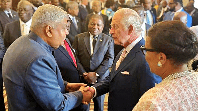 Vice-president Jagdeep Dhankhar meets with United Kingdom's King Charles III during the Commonwealth Reception, in London on Friday | ANI