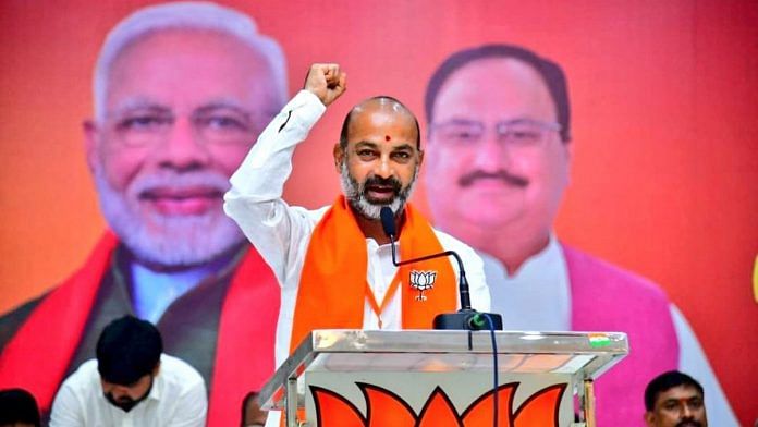 Telangana BJP president Sanjay Bandi, against whom dissent seems to be growing in the party, addresses the state BJP executive meeting on 22 May | Twitter/@bandisanjay_bjp