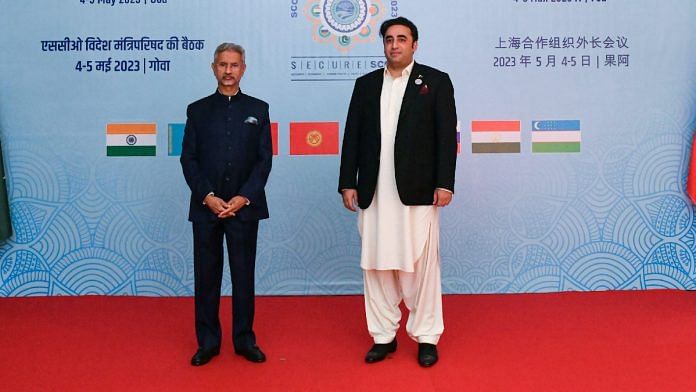 External Affairs Minister S Jaishankar with Pakistan's Foreign Minister Bilawal Bhutto at the Shanghai Cooperation Organisation (SCO) Foreign Ministers' meeting in Goa Friday | ANI/Rahul Singh