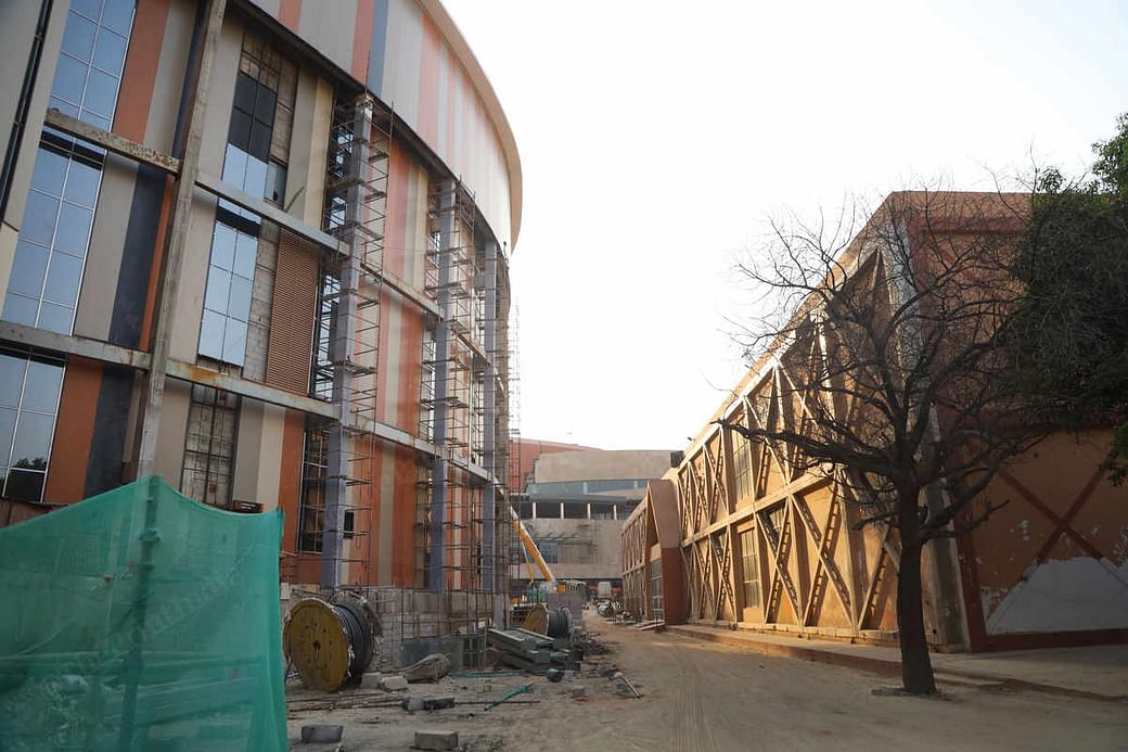 Pragati Maidan's ew convention building, circular in structure stands juxtaposed to the old rectangle building 